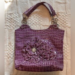 Y2K Purple Faux Leather Shoulder Bag Silver with Flower